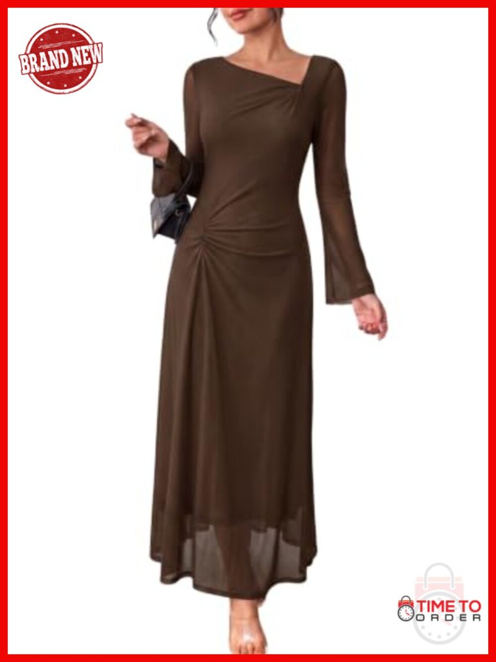 Asymmetrical Neck Ruched Waist Maxi Dress Long Sleeve Formal